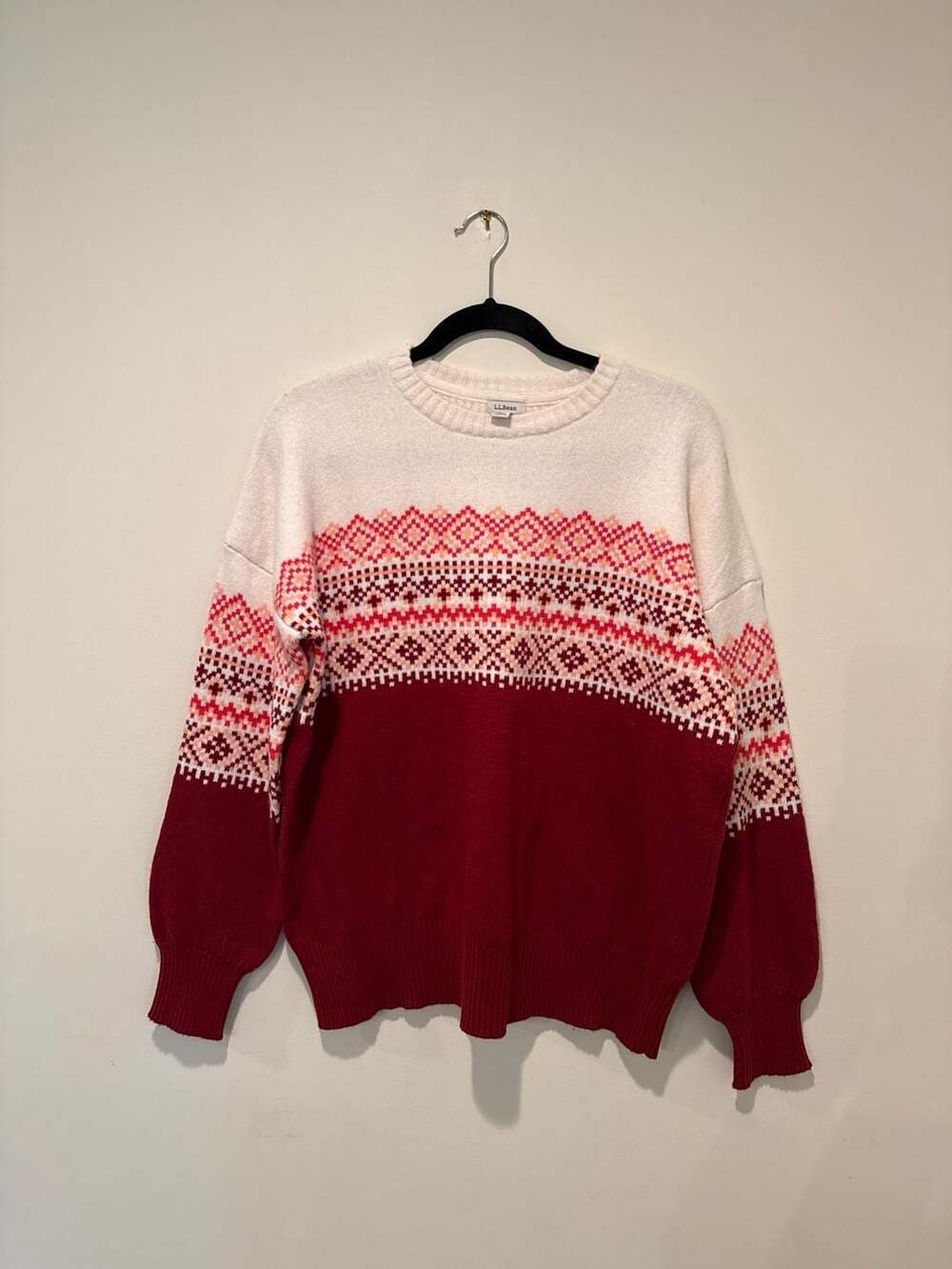 L.L.Bean Women's Fair Isle Colorblock Crew Sweater, Red/White, Size S Regular